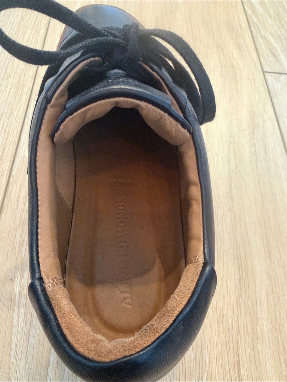 Allen Edmonds Black Leather Sneakers with White Sole and Tan Trim - Picture 3 of 7